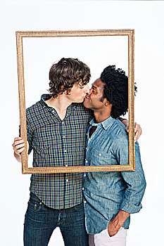 同性恋,亲吻,画框,白色背景