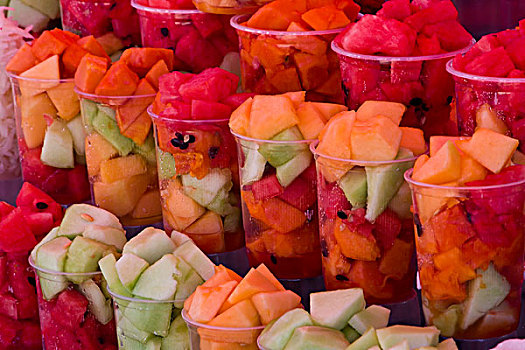 墨西哥,圣米格尔,排列,水果,杯子,出售,市场