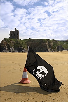 城堡,海滩,海盗旗,旗帜