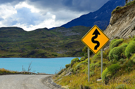 路标,专注,弯曲,拉哥裴赫湖,托雷德裴恩国家公园,省,智利,南美