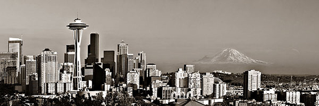 西雅图,城市天际线,雷尼尔山,日落,城市,写字楼,公园
