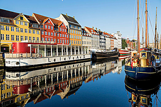 停泊,船,彩色,17世纪,连栋房屋,新港,运河,哥本哈根,丹麦