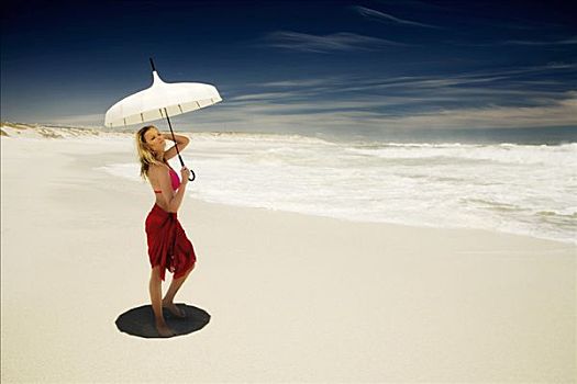 女青年,比基尼,沙滩裙,伞,海滩