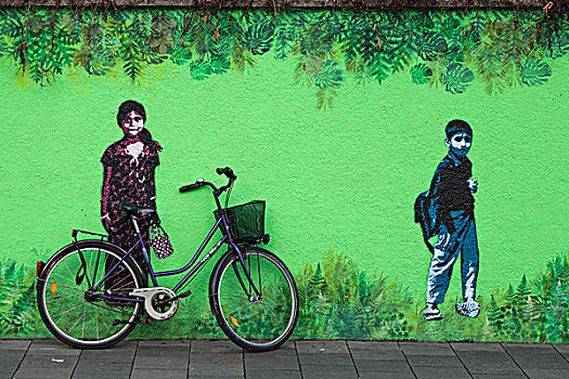 墙壁彩绘,自行车,街头艺术,涂鸦,慕尼黑,巴伐利亚,德国,欧洲