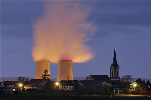 核电站,靠近,教堂,尖顶,巴伐利亚,德国,欧洲