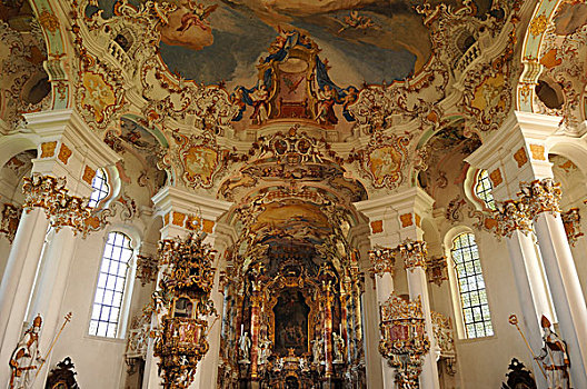 教堂高坛,天花板,壁画,世界,洛可可风格,教堂,维斯,斯坦卡顿,上巴伐利亚,巴伐利亚,德国,欧洲