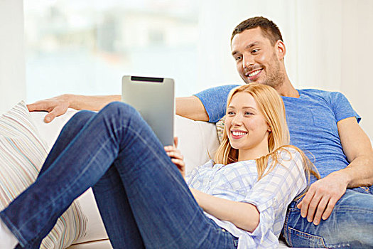 喜爱,家庭,科技,互联网,高兴,概念,微笑,幸福伴侣,平板电脑,电脑,在家