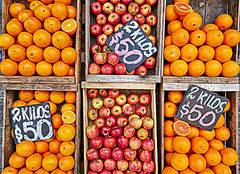 新鲜,苹果,橘子,板条箱,市场货摊,蒙得维的亚,乌拉圭,南美