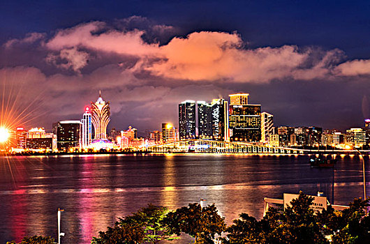 澳门,海面,夜景,灯光,大桥