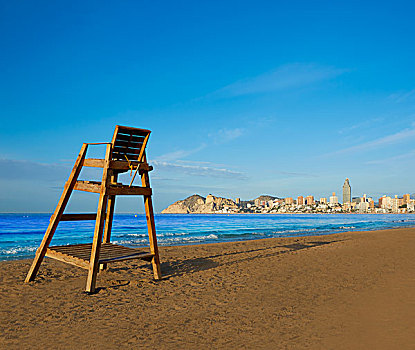 贝尼多姆,海滩,瞭望塔,座椅,阿利坎特,地中海,西班牙