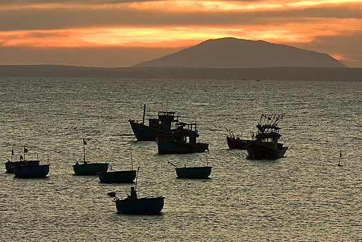 渔船,日落,美尼,越南,亚洲