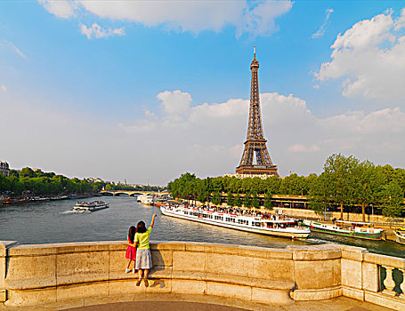 法国,巴黎,女人,女孩,老化,桥,埃菲尔铁塔