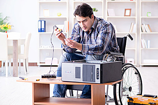 伤残,男人,轮椅,修理,电脑