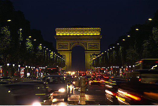 拱形,交通,街上,夜晚,巴黎,法国