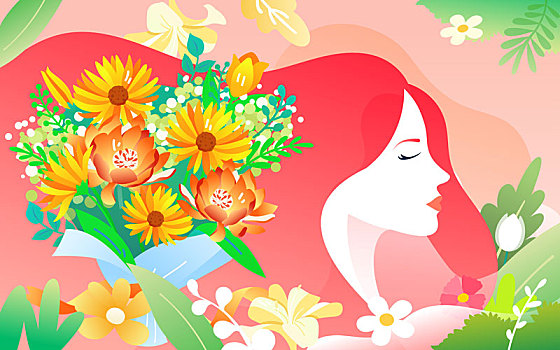 庆祝三八国际妇女节女神节时尚鲜花促销插画