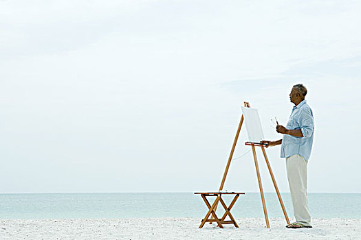 老人,站立,正面,留白,帆布,海滩,拿着,粉刷