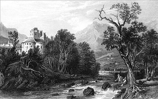 城堡,河,19世纪