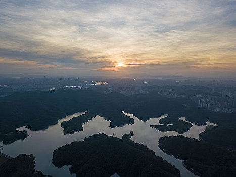 惠州红花湖景区日出航拍风光