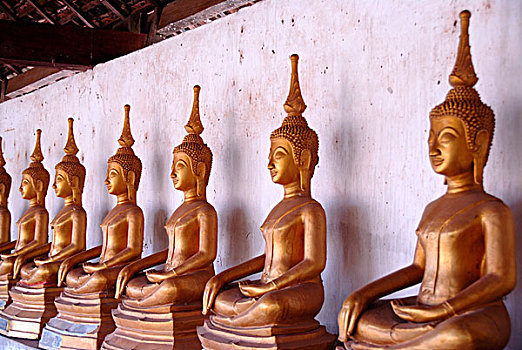 佛教,冥想,排,青铜,佛像,庙宇,悬挂,佛塔,老挝,东南亚,亚洲