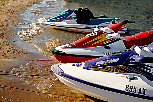 彩色,摩托艇,水边,边缘,海滩,低,黄色,阳光