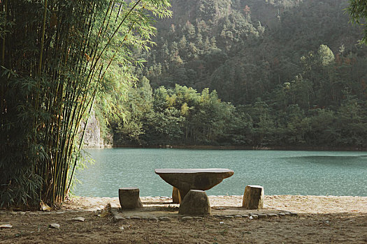 竹林,湖边,石凳
