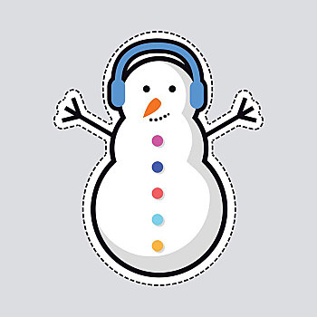 新年,雪人,蓝色,耳机,顶着,插画,隔绝,抠像,纸,正面,抬手,橙色,胡萝卜,鼻子,彩色,设计,矢量