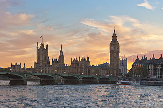 议会大厦,威斯敏斯特宫,威斯敏斯特桥,黄昏,伦敦,英国,欧洲