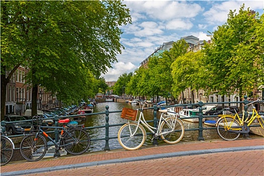 城市风光,阿姆斯特丹,运河,桥,自行车,荷兰