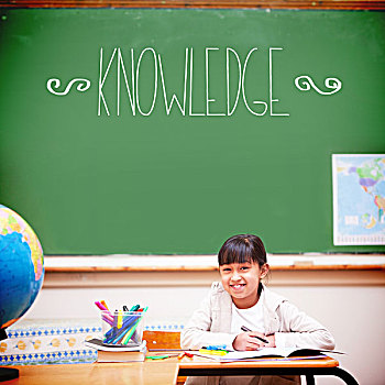 知识,可爱,学生,坐,书桌,文字