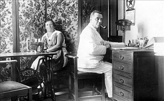 历史,照片,男人,书桌,女人,缝纫机,20年代