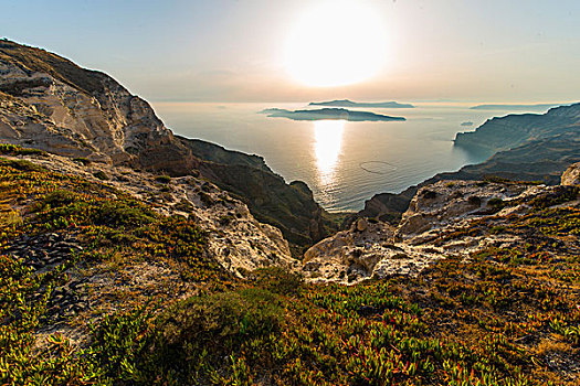 自然,风景,火山口,日落,锡拉岛,基克拉迪群岛,爱琴海,希腊,欧洲