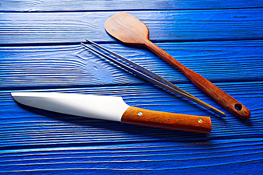 厨师,工具,刀,镊子,抹刀,蓝色,木质背景