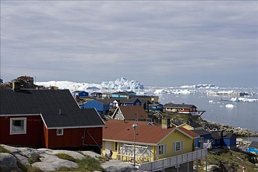 格陵兰,伊路利萨特,世界遗产,向外看,上方,屋顶,住宅区,湾,巨大,冰山,漂浮,过去