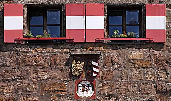 窗户,红色,百叶窗,白大褂,手臂,老,纽伦堡,大门,中间,弗兰克尼亚,巴伐利亚,德国,欧洲
