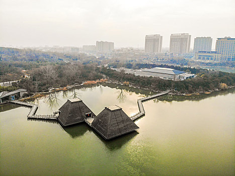航拍江苏徐州汉文化景区水下兵马俑博物馆