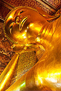 倚靠,黄金,佛,寺院,曼谷