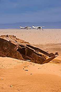 纳米比亚,两个,小,飞机,骷髅海岸,后面,沙子