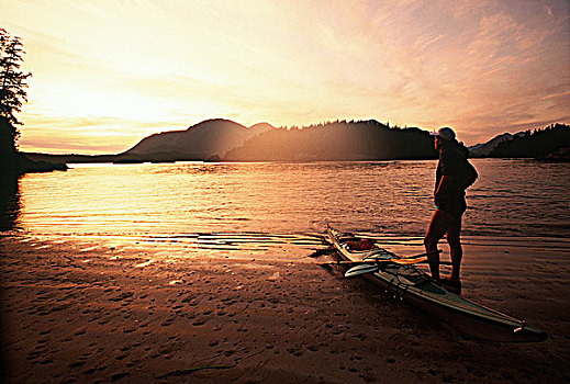 皮划艇手,海滩,岛屿,格里夸湾,温哥华岛,不列颠哥伦比亚省,加拿大