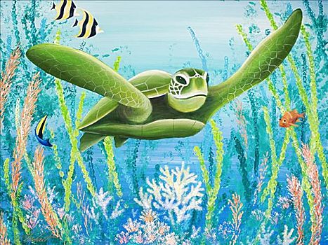 绿海龟,滑行,海洋,礁石,油画