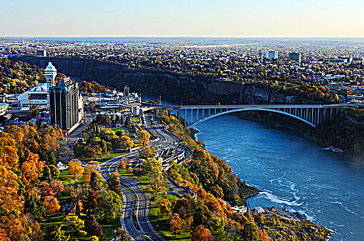 彩虹桥,俯视,尼亚加拉河,连接,加拿大,美国,航拍,日出