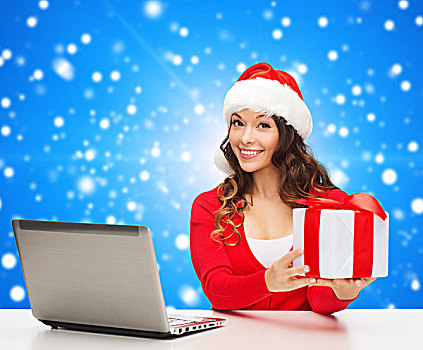 圣诞节,休假,科技,人,概念,微笑,女人,圣诞老人,帽子,礼盒,笔记本电脑,上方,蓝色,雪,背景