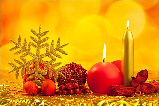 圣诞节,金色,雪花,红色,蜡烛
