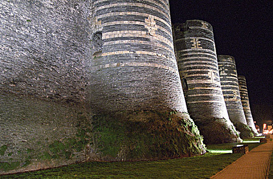 壮观,城堡,夜晚,建造,黑白,石头,看,条纹,中心,曼恩-卢瓦尔省,法国