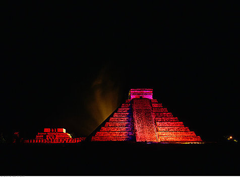 库库尔坎金字塔,寺庙,勇士,夜晚,奇琴伊察,墨西哥