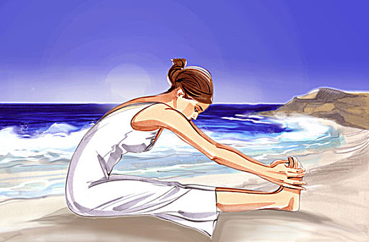 女人,穿,白色,运动衣,练习,瑜珈,海洋