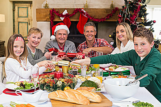 微笑,家庭,拉拽,圣诞拉炮,餐桌