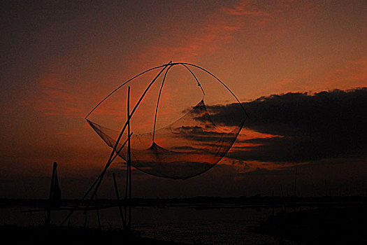 传统,渔民,使用,输入,舀具,网,抓住,鱼,风景,云