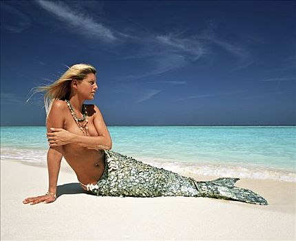 美人鱼,注视,远景,海滩,马尔代夫,印度洋