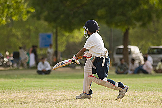 男孩,玩,板球,操场,新德里,印度
