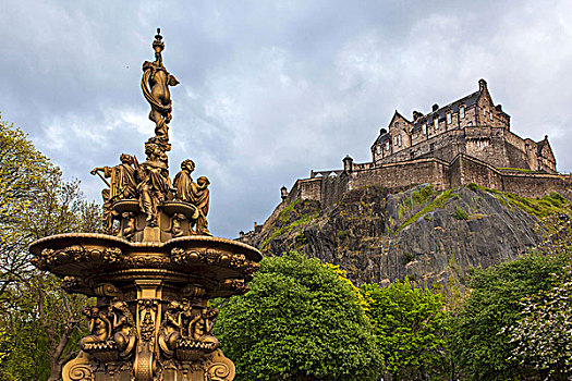 喷泉,爱丁堡城堡,背景,爱丁堡,苏格兰